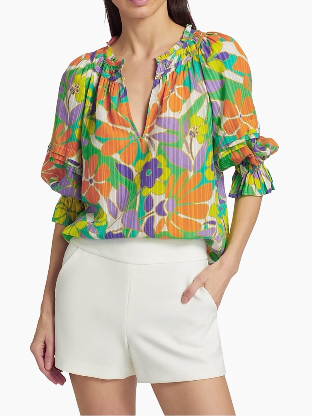 Ramy Brook Multicolor Floral Ruffle-Neck Puff Sleeve Blouse
